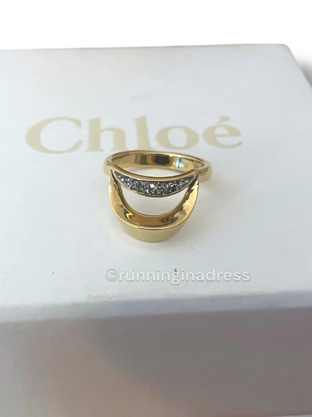 Chloé Crescent Pave Crystal Ring Gold Tone Statement EU 54 US 7 Full Set Box Bag